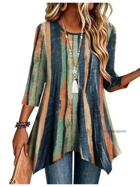 Womens 3/4 Sleeve Loose Fit Tunic Top Plus Size Boho Shirt Dressy Casual